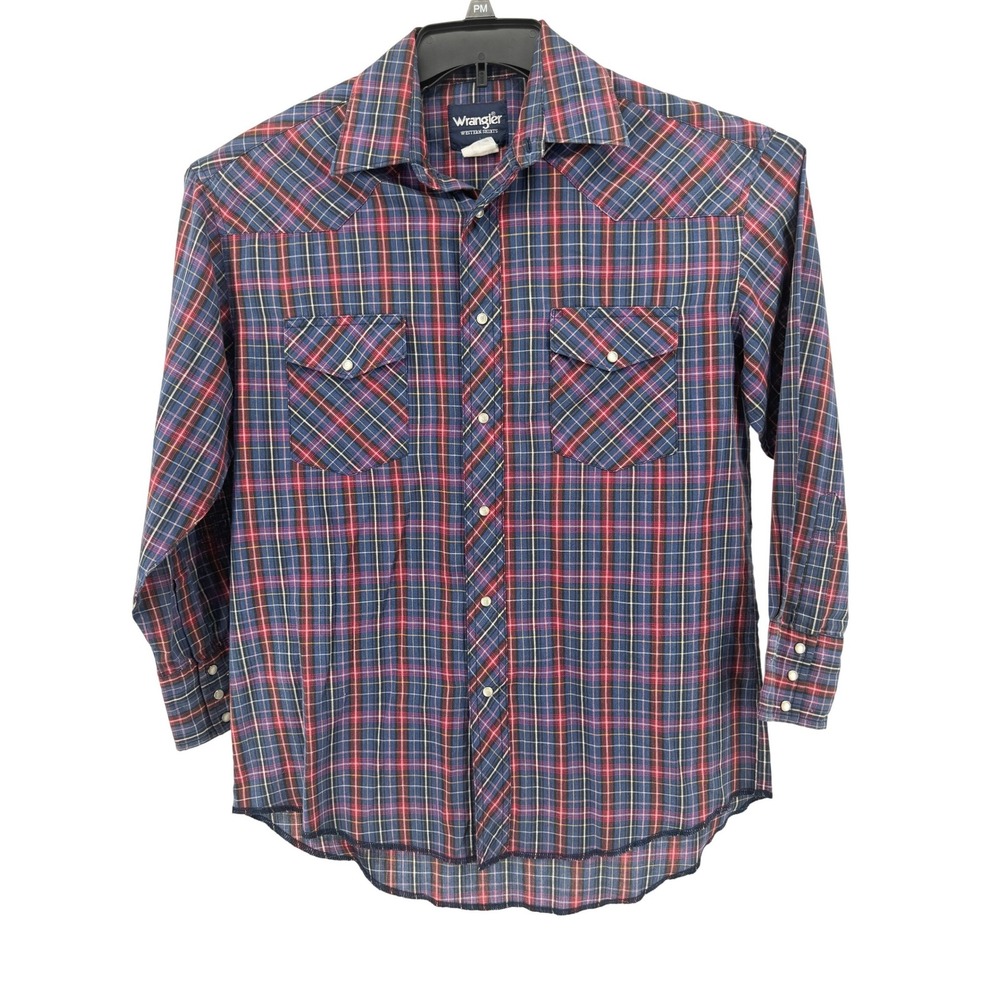 Wrangler Western Shirt Mens L Blue Red Plaid Pearl Snap Long Sleeve Cowboy‎
